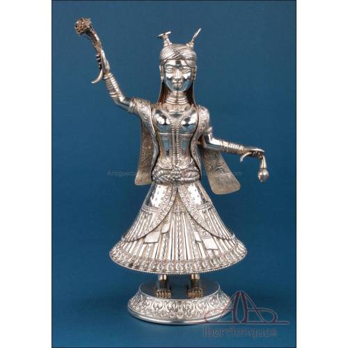 Solid silver Hindu figure, deity or ritual dancer, India or Nepal, ca. 1960s