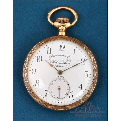 Precioso Reloj de Bolsillo Invar Antiguo, oro 18K, Suiza, circa 1900