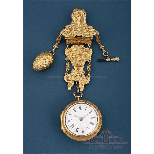 Antiguo Reloj de Bolsillo Catalino y Chatelaine. Oro de 18K. Inglaterra, 1745
