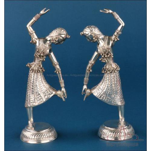 Pair of Indian dancer sculptures in 900 silver, c. 1960