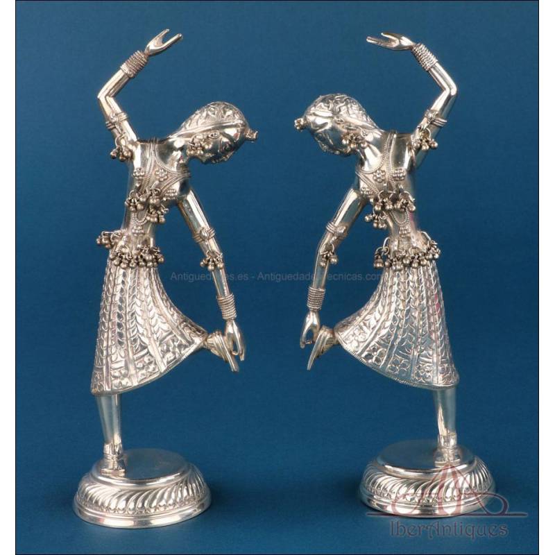 Pair of Indian dancer sculptures in 900 silver, c. 1960