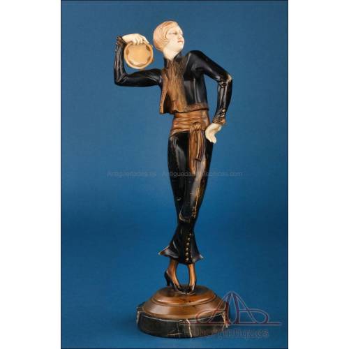 Girl with Tambourine, by Paul Philippe. Art Deco Chryselephantine. C. 1925.