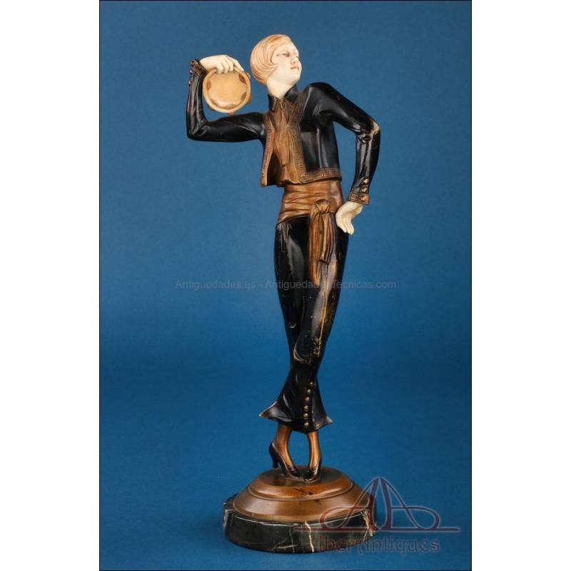 Girl with Tambourine, by Paul Philippe. Art Deco Chryselephantine. C. 1925.