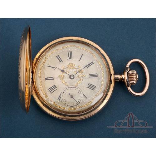 Antiguo Reloj de Bolsillo Record en Oro de 18K. Esfera Decorada. Suiza, circa 1900
