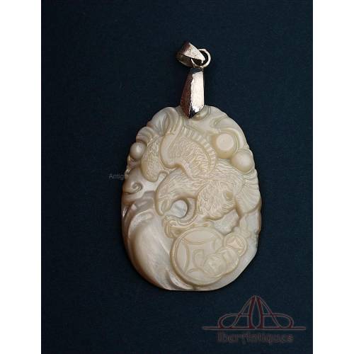 Japanese Mother of Pearl Amulet with Hawk and Shippo Symbol, Ca. 1970