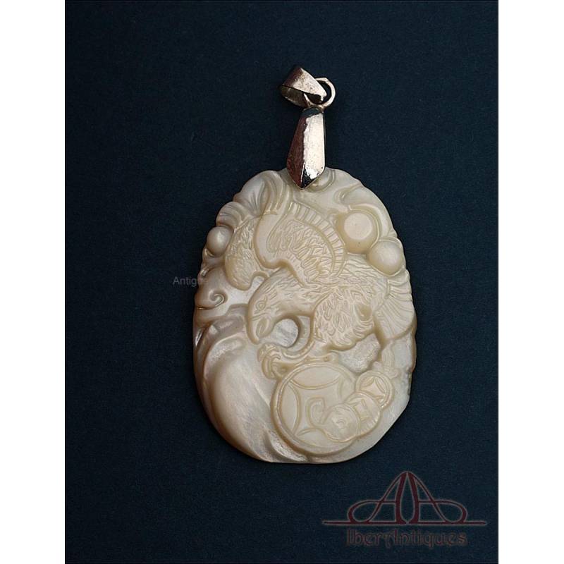 Japanese Mother of Pearl Amulet with Hawk and Shippo Symbol, Ca. 1970
