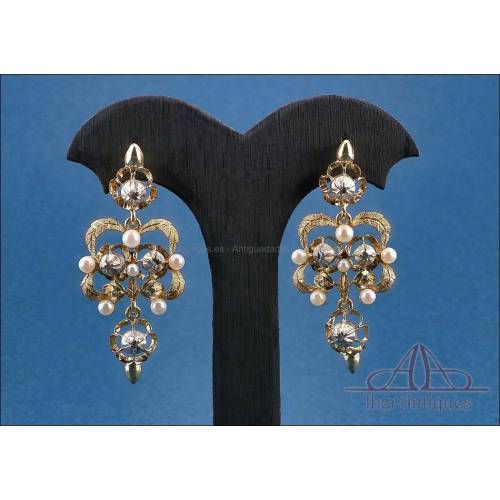 Pendientes Vintage de oro 18K con diamantes naturales y perlas, c. 1950