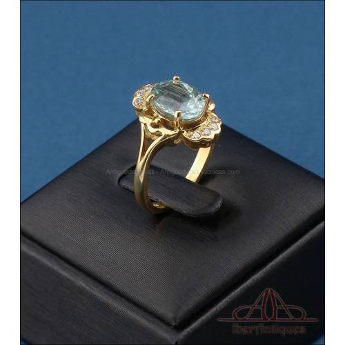 Vintage 18K Gold Ring with Oval Rutilated Quartz + 8 Natural Diamonds