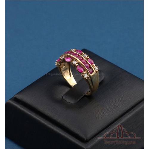 Vintage 9K gold ring, natural rubies and genuine diamonds