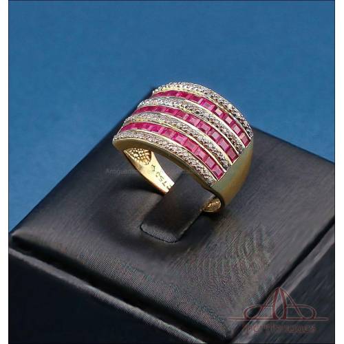 Vintage 18K Gold Ring with 33 Natural Rubies and 48 Real Diamonds