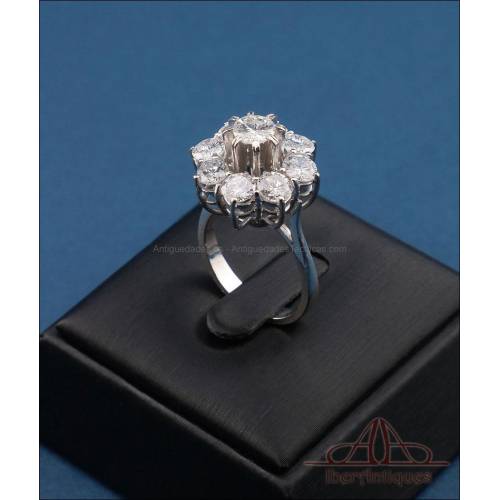 Rosette ring with 9 diamonds in 18K white gold, with certificate