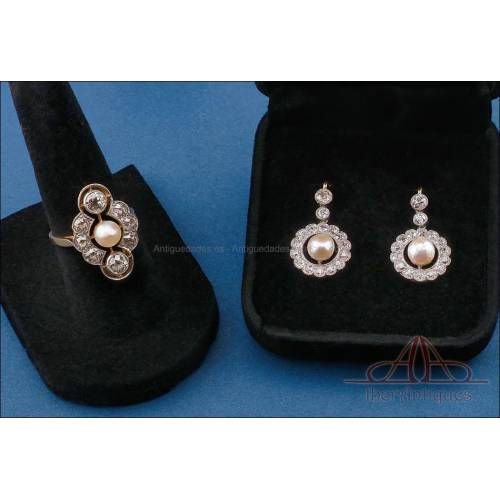 Vintage Set of 18K Gold Ring and Earrings with 36 Diamonds and 3 Natural Pearls