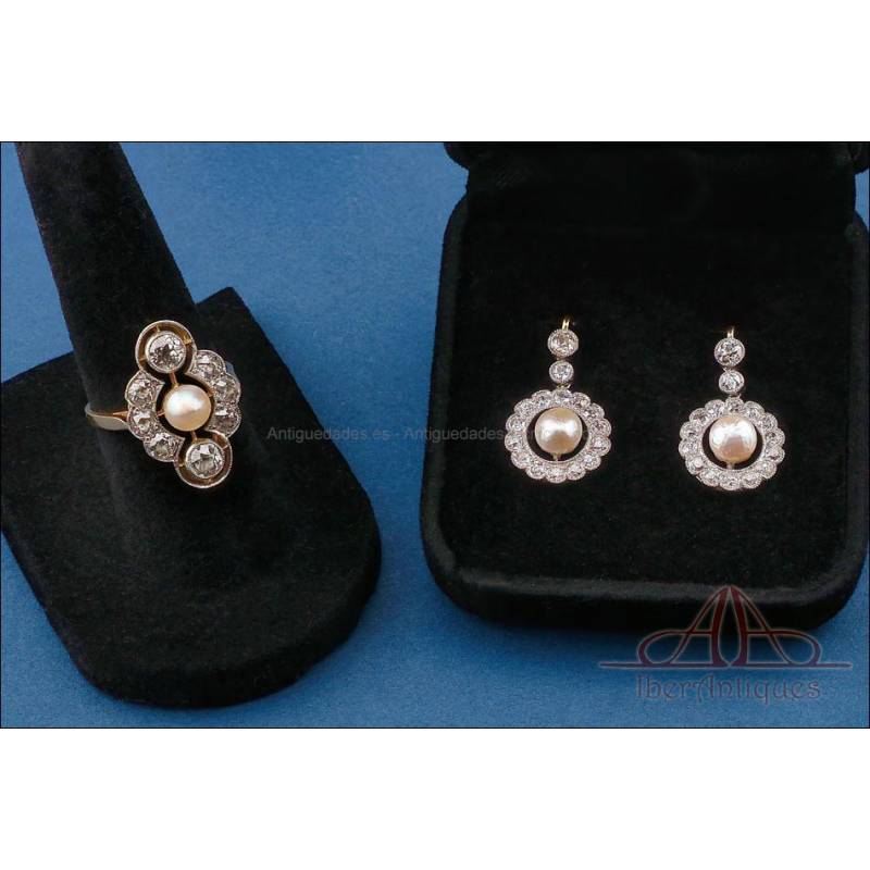 Conjunto Vintage de anillo y pendientes en oro 18K con 36 diamantes y 3 perlas naturales