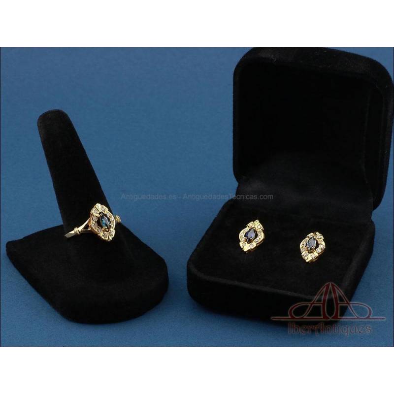 Beautiful set of 18K gold ring and earrings, diamonds and sapphire