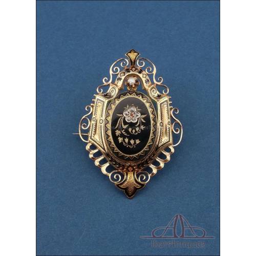 Antiguo broche de oro 18K con flor de diamantes y perla c 1870