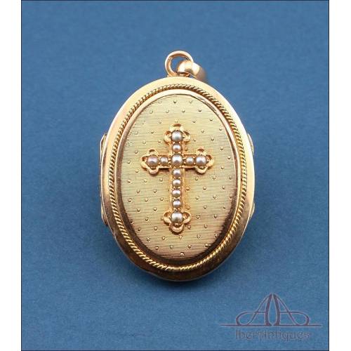 Antique 18K Gold Locket Pendant with Pearl Cross. C. 1900