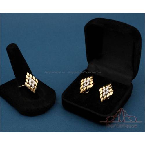 Conjunto de sortija y pendientes vintage en oro de 18K y diamantes naturales