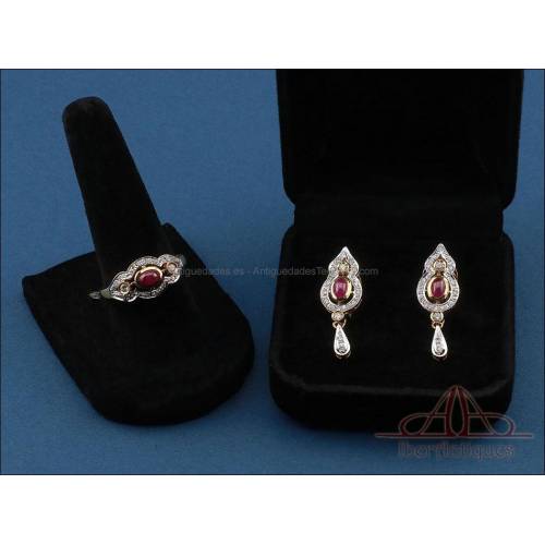 Conjunto vintage de oro 18K con rubíes y diamantes naturales, años 90