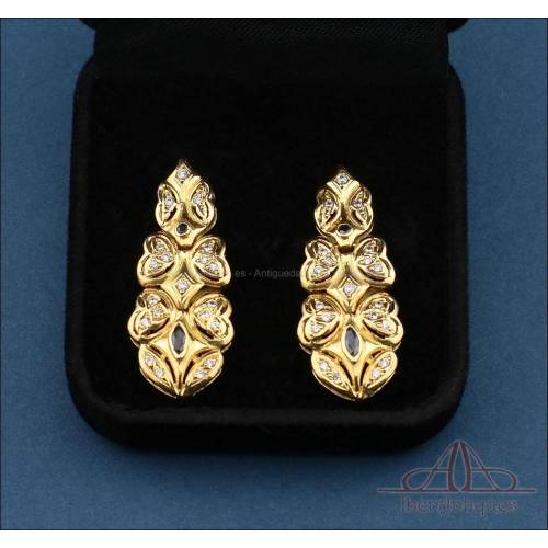 Vintage 18K Gold Articulated Earrings, Zircons and Jet Stones, 1980s90s