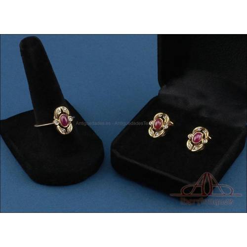 Beautiful vintage 18K gold set with diamonds and rubies, 1990s