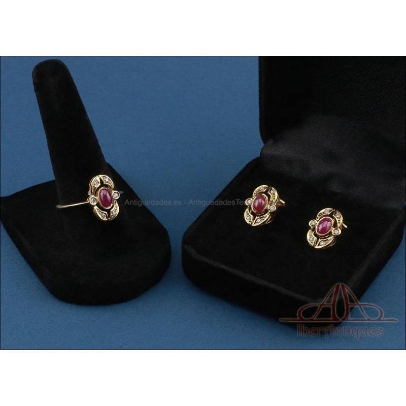 Precioso conjunto vintage de oro 18K con diamantes y rubíes, años 90