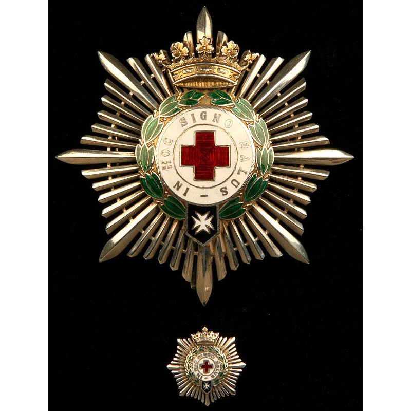 España, Orden de la Cruz Roja. Placa de Segunda Clase y Miniatura, en Plata Maciza. Años 60