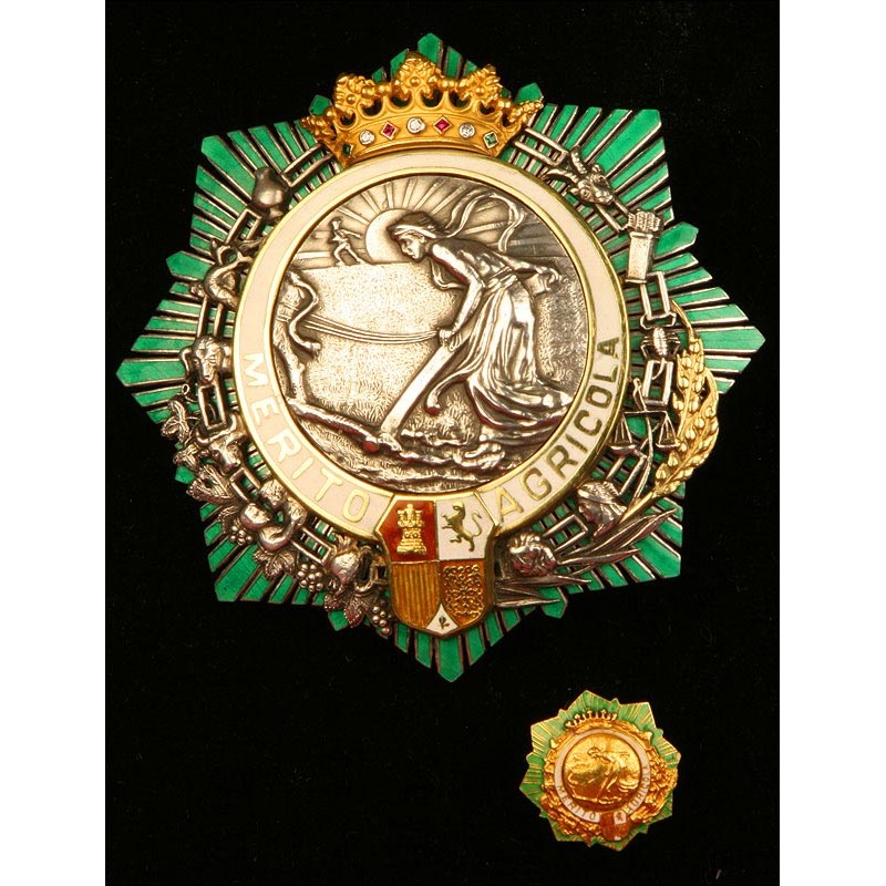 España, Orden al Mérito Agrícola. Placa de Comendador y Miniatura. Plata, Oro y Piedras Preciosas. Con Diploma de Concesión