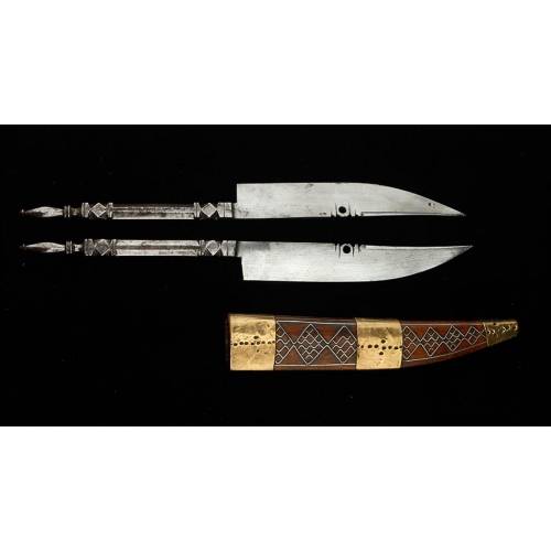 Magnificent Pair of Antique Throwing Knives in Wooden Sheath. Circa 1900