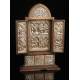 Antique Tabletop Triptych in Wood and Embossed Silver. Circa 1900