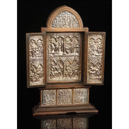 Antique Tabletop Triptych in Wood and Embossed Silver. Circa 1900