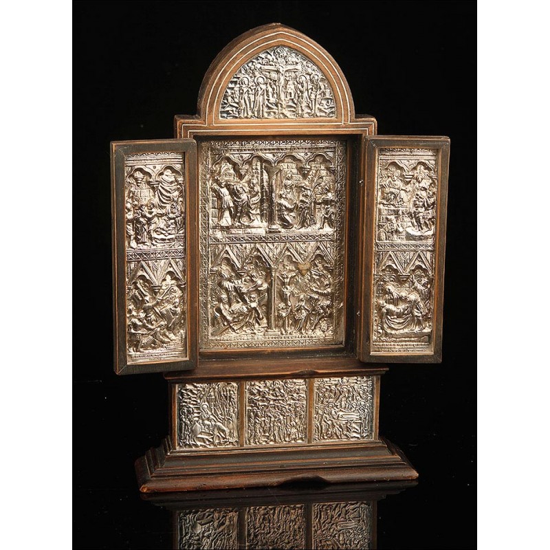 Antique Tabletop Triptych in Wood and Embossed Silver. Circa 1900
