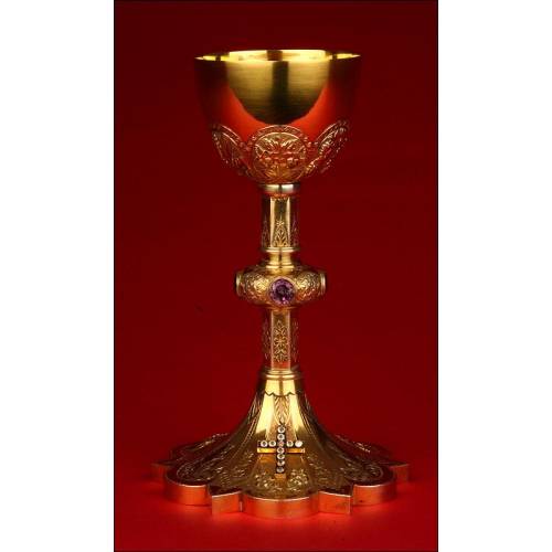 Elegant Antique Chalice in Solid Silver Gilt and Rhinestones, Circa 1870.