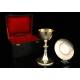 Fantastic set of solid silver chalice and paten. With contrasts. Period case.