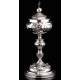 Precious Eucharistic Ciborium in Solid Silver with Contrasts. Barcelona, XIX Century