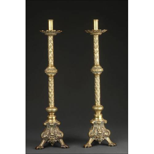 Large Spanish Bronze Candlesticks made in the 20th Century. Well Preserved