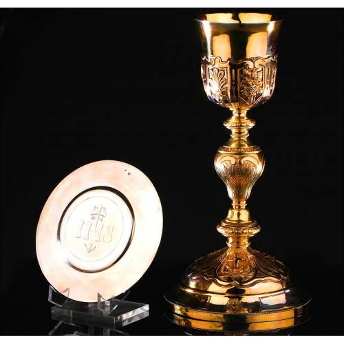 Beautiful Solid Silver Vermeil Chalice with Paten, France Circa 1870.