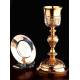 Beautiful Solid Silver Vermeil Chalice with Paten, France Circa 1870.