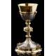 Spectacular Chalice with Paten, both in Solid Silver Contrasted. France, 1890-1910