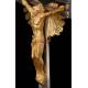 Estilizado Crucifijo de Pie de Latón Dorado y Plateado. Francia, Siglo XIX. En Buen Estado de Conservación