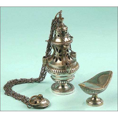 Censer and Naveta in silver plated bronze. France. Late 19th or Early 20th Century.