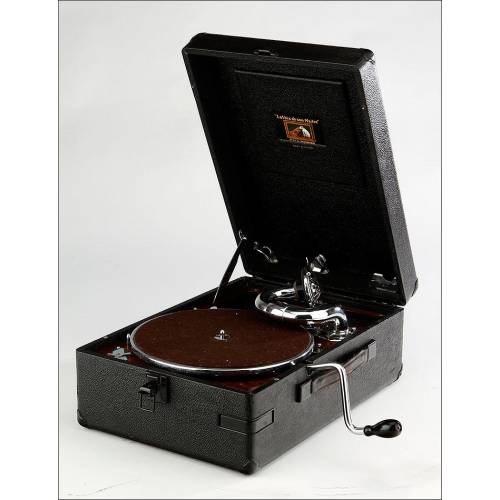 His Master's Voice Suitcase Gramophone in perfect working order. England, 1930's