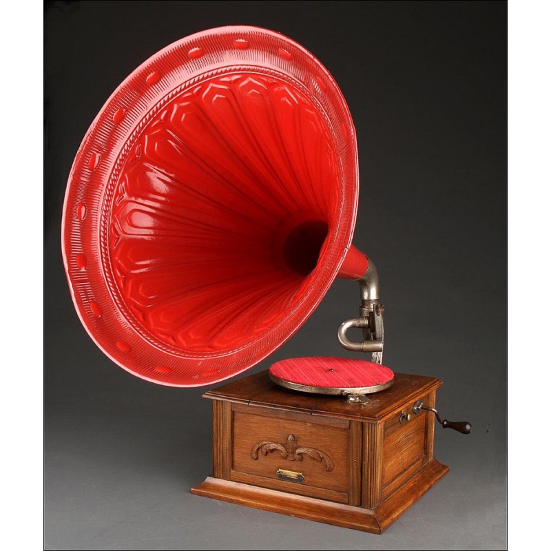 Fantástico Gramófono de Trompeta de Origen Alemán. Circa 1910. Funcionando Muy Bien