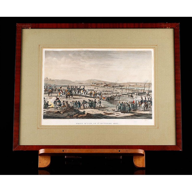 Beautiful Vintage Engraving Representing the Taking of Ulm. Original Color. France, 1820