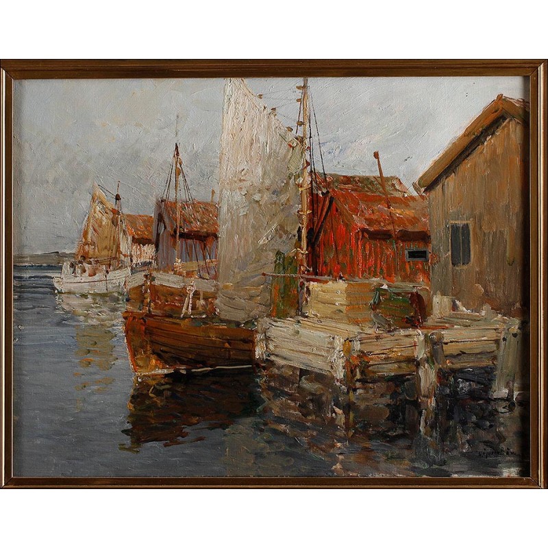 Pintura al Óleo de Hugo Öfverström. Suecia, Siglo XX. Temática Marina, de Estilo Impresionista