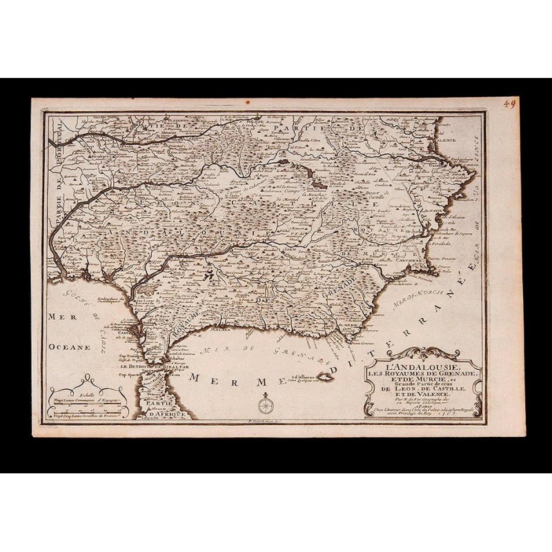 Detallado Mapa del Sur de España realizado por P. Starckman. Francia, 1705