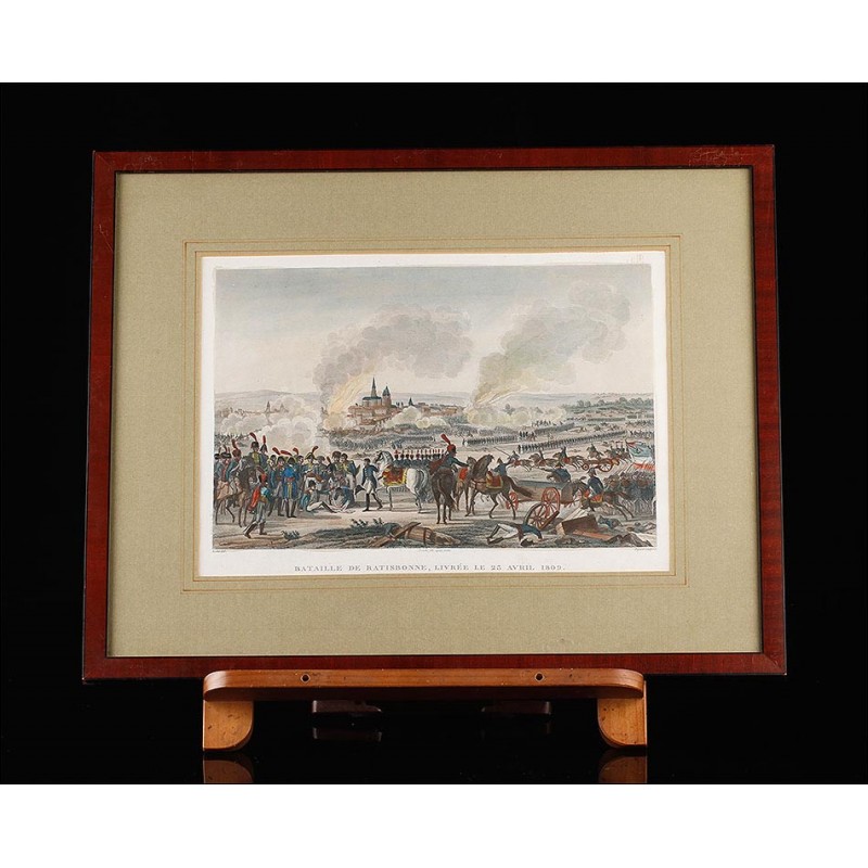 Beautiful Antique Engraving with Scene of the Battle of Ratisbon. France, 1820.