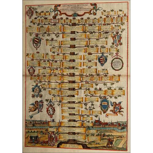Grabado con el Árbol Genealógico de los Archiduques de Austria. Original del año 1608