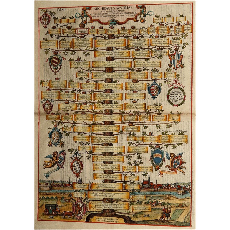 Engraving with the Family Tree of the Archdukes of Austria. Original from 1608