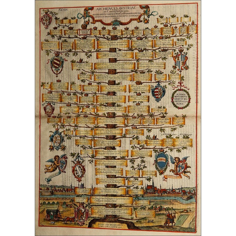 Grabado con el Árbol Genealógico de los Archiduques de Austria. Original del año 1608