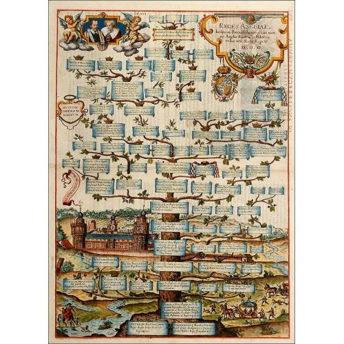 Impresionante Grabado con el Árbol Genealógico de los Reyes de Inglaterra del Año 1608